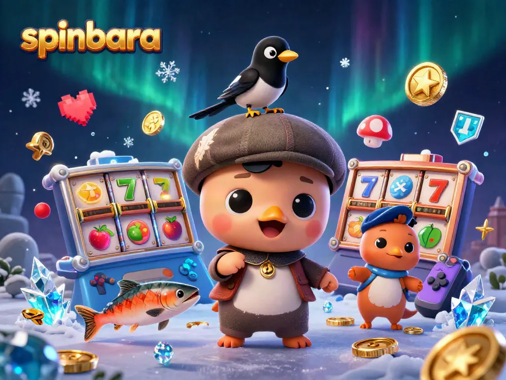 Spinbara Casino showcases vibrant gaming moments with a playful Nessie, coins, and slot reels.