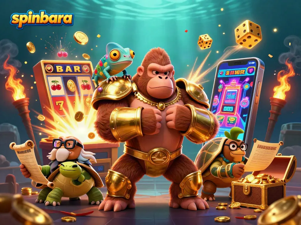 Spinbara casino adventure with a gorilla king and colorful gaming elements in a vibrant scene.