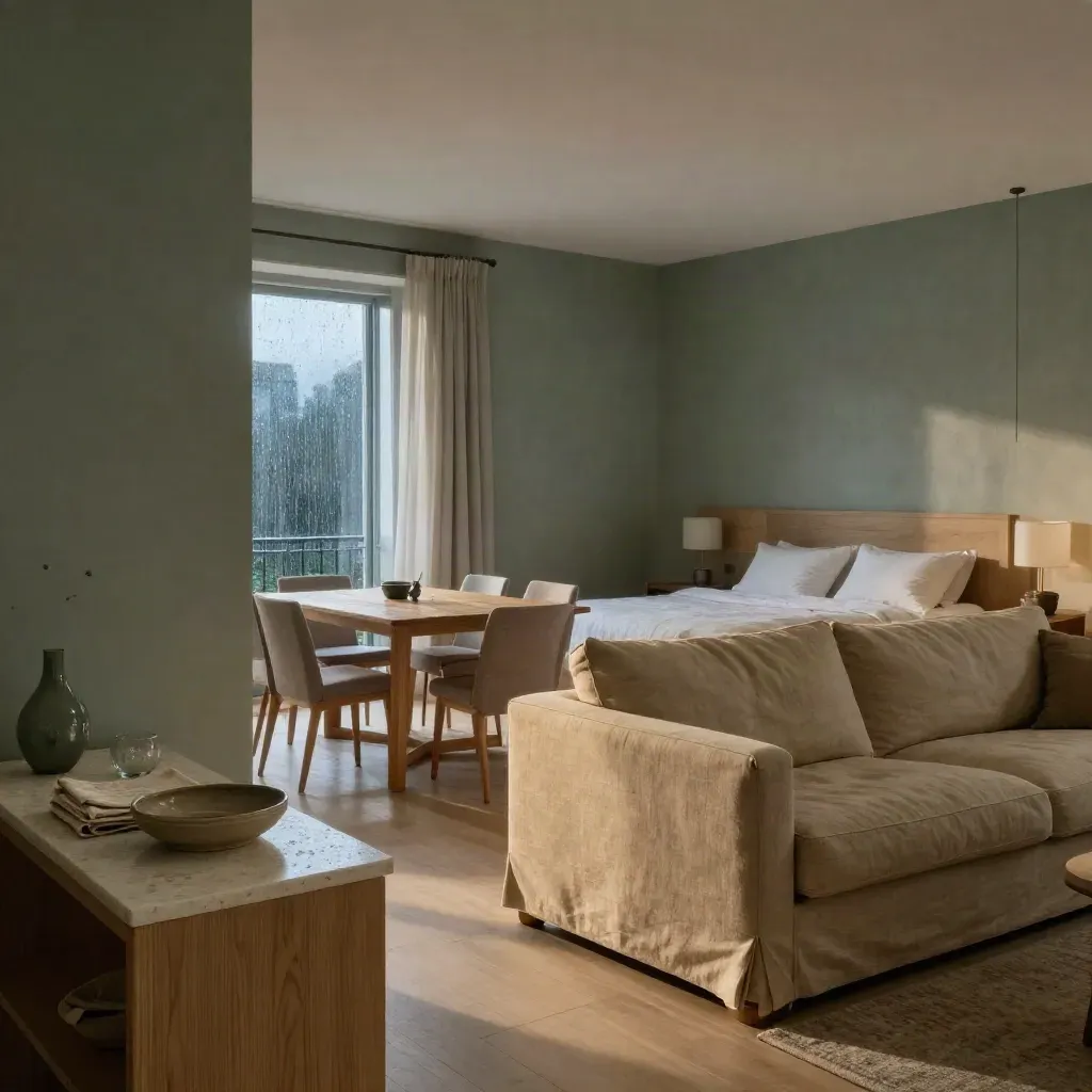 Apartamento amueblado con salón, comedor y dormitorio tras una lluvia al atardecer.