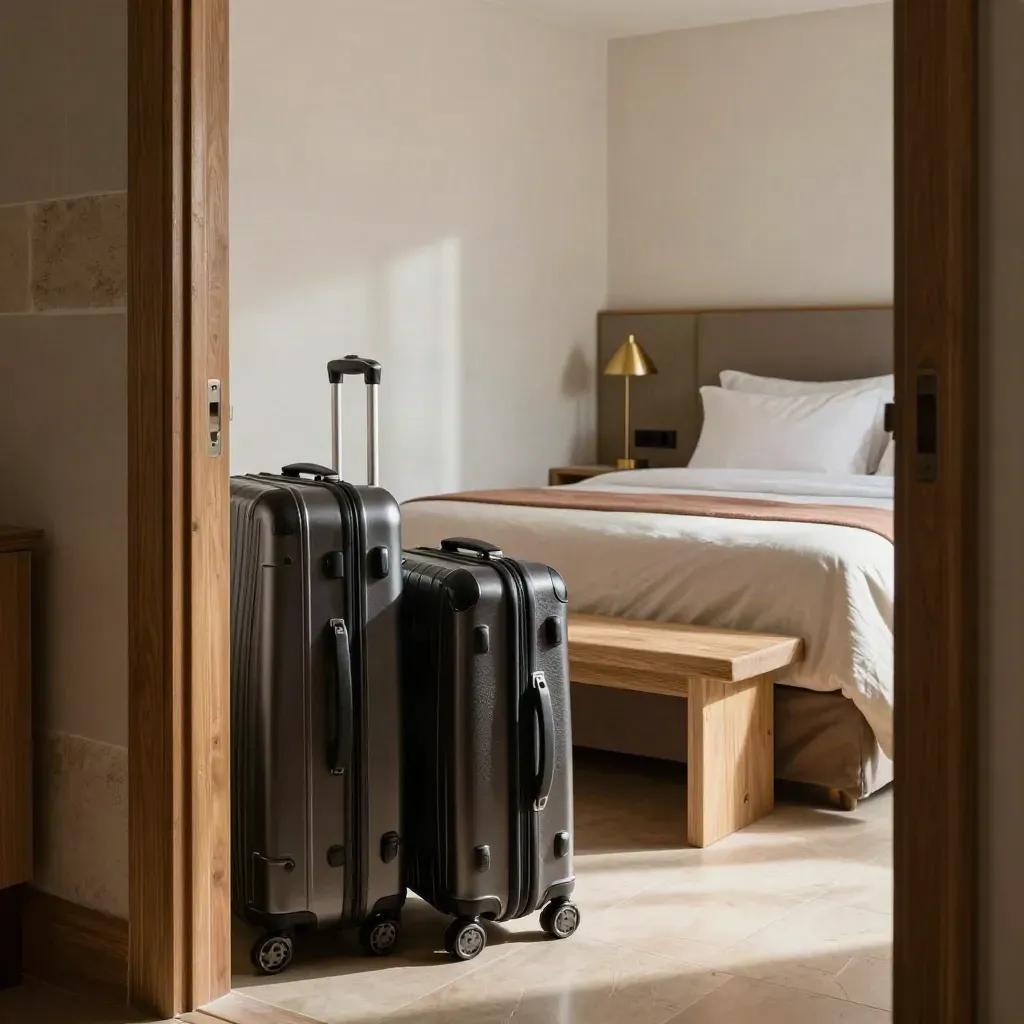 Dormitorio temporal acogedor con maletas, cama hecha y banco de entrada en luz cálida.