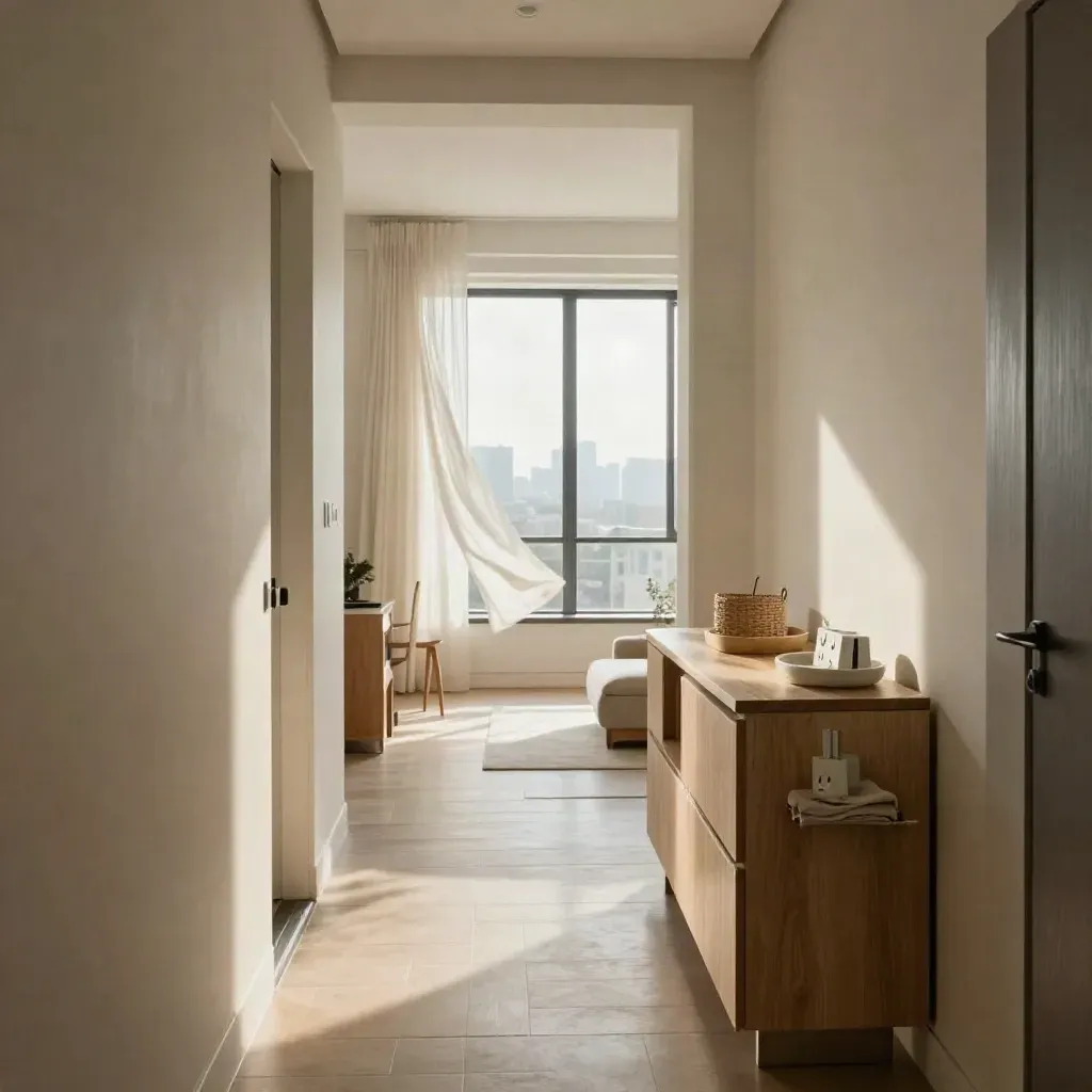Pasillo de piso listo para expatriados con adaptadores, consola y vista a la ciudad