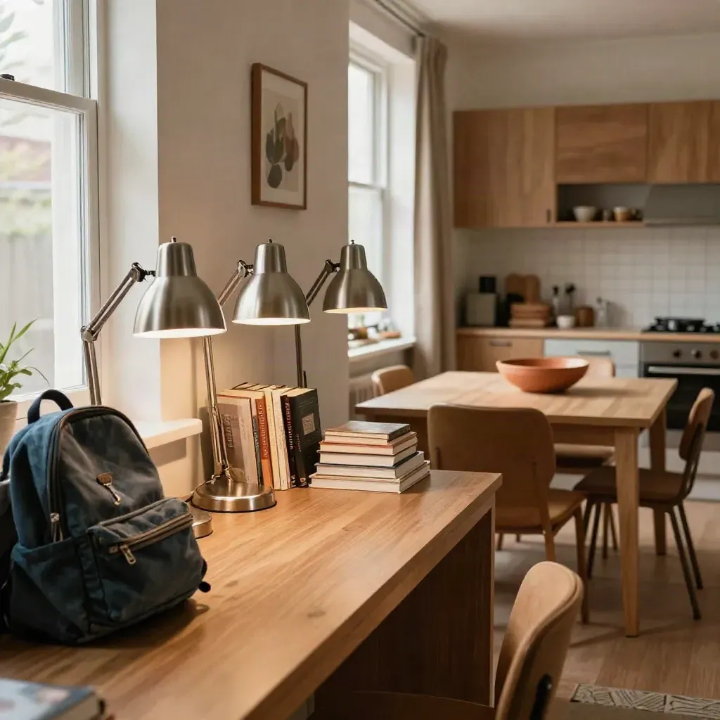 Sala compartida luminosa con tres lámparas de mesa, libros apilados, mochilas y mesa de cocina.
