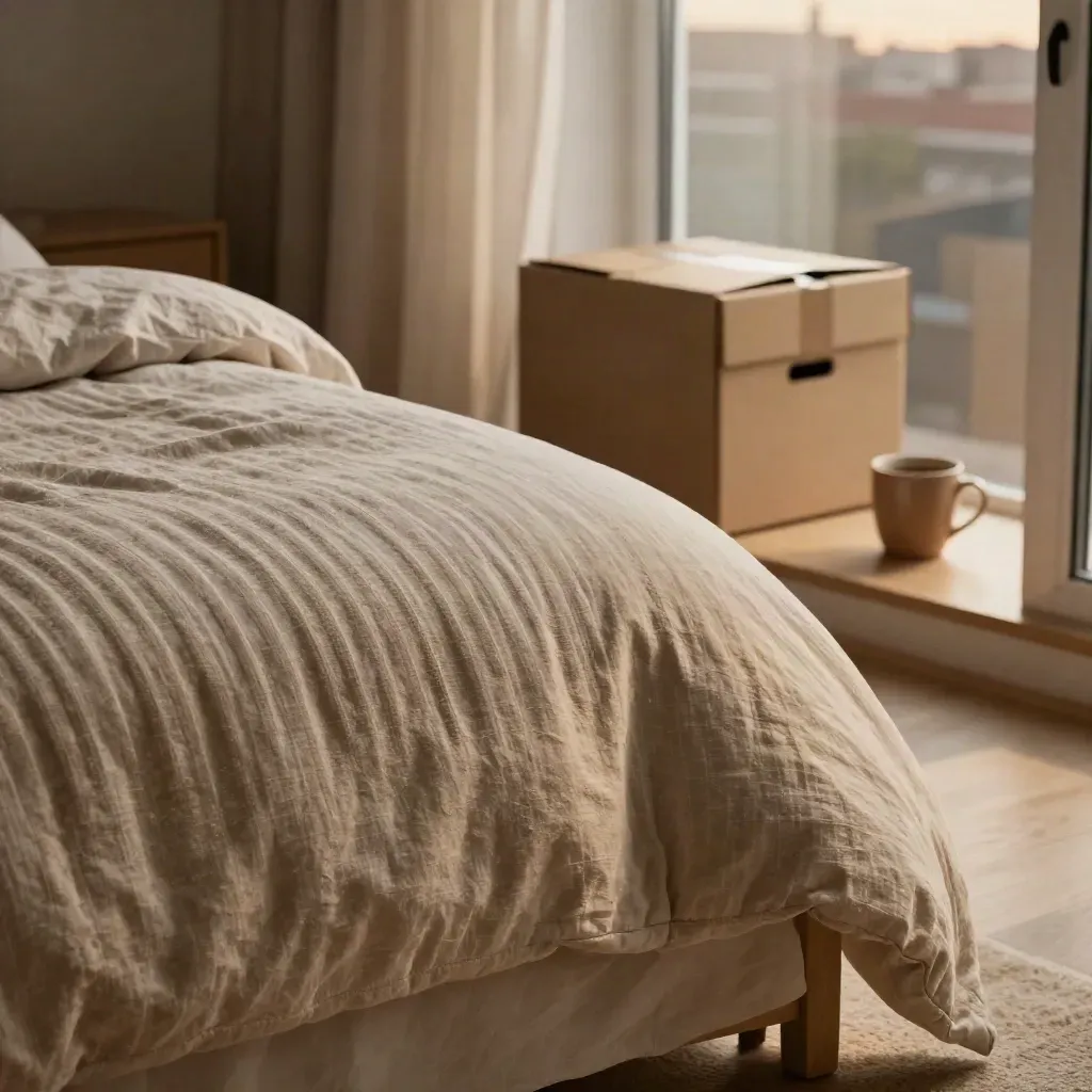 Detalle de una cama hecha, caja de mudanza, taza de café y cortina abierta en un piso madrileño.