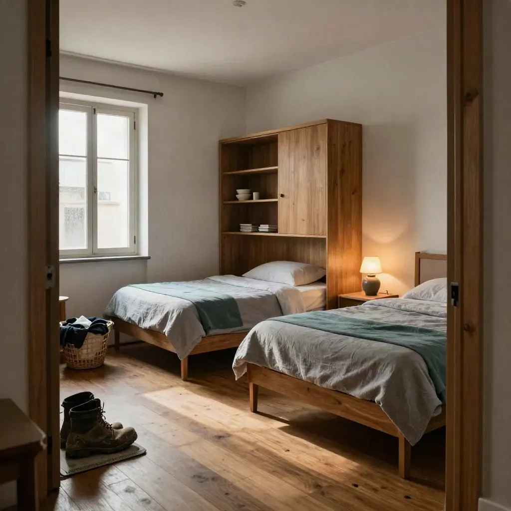 Apartamento amueblado en Barcelona con camas gemelas, zapatero, cesto y armario de roble.