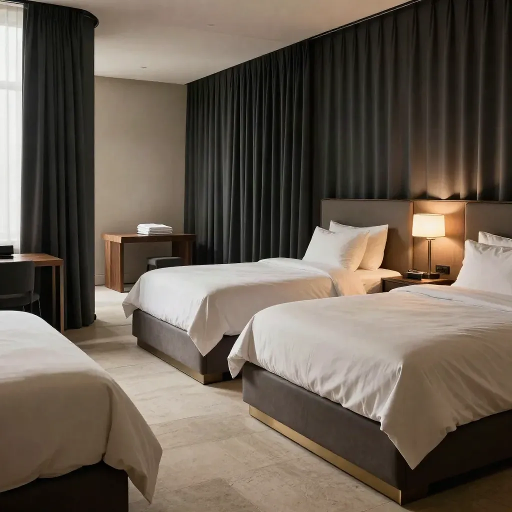 Suite corporativa con dos camas, cortinas opacas y luz dramática en una estancia elegante.