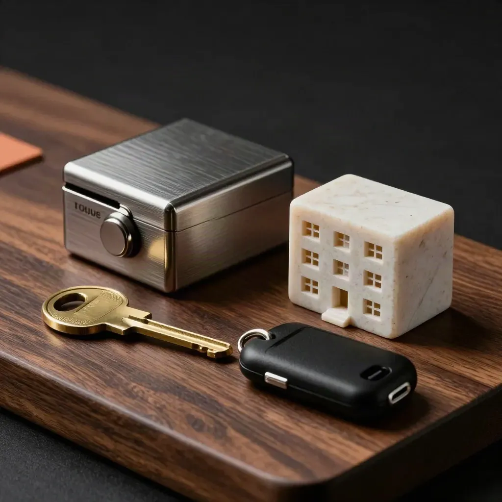 Llave de piso, caja de acceso, maqueta inmobiliaria y llavero negro sobre base oscura.