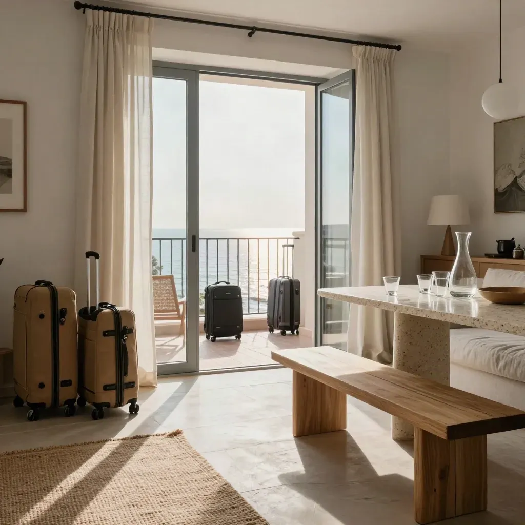 Apartamento amueblado en Málaga con maletas, copas y cortinas de lino junto a la terraza.