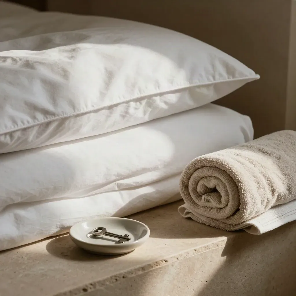 Linens hoteleras plegadas, cojín, toalla y cuenco cerámico sobre piedra clara.