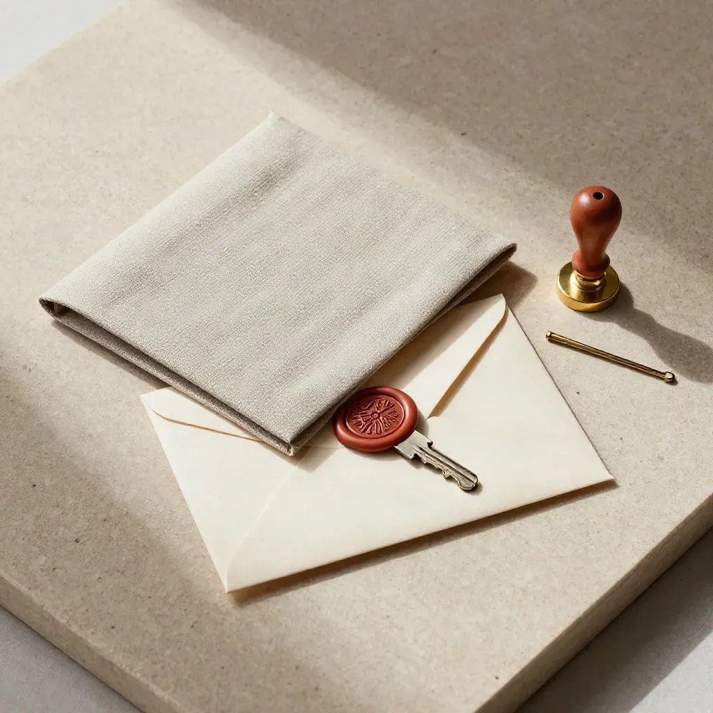 Carpeta de lino, sobre sellado, llave y clip de latón sobre piedra clara.