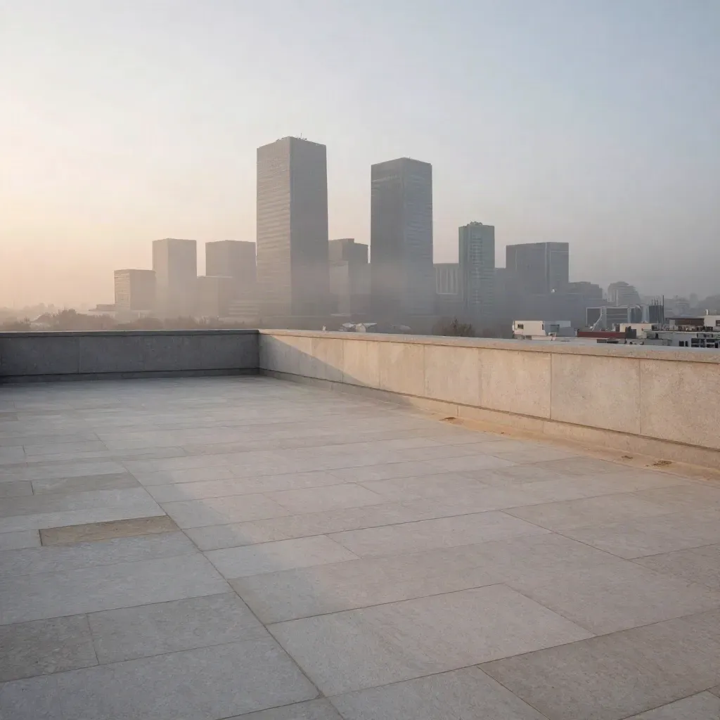 Madrid al amanecer con las Cuatro Torres sobre una azotea tranquila y bruma suave