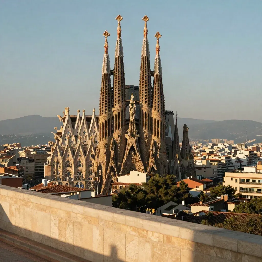 La Sagrada Família sobre tejados de Barcelona al atardecer con bruma marina