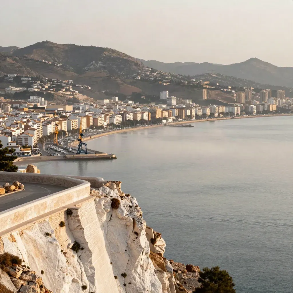 Panorámica costera de Málaga y la Costa del Sol con mar, puerto y colinas en luz cálida.