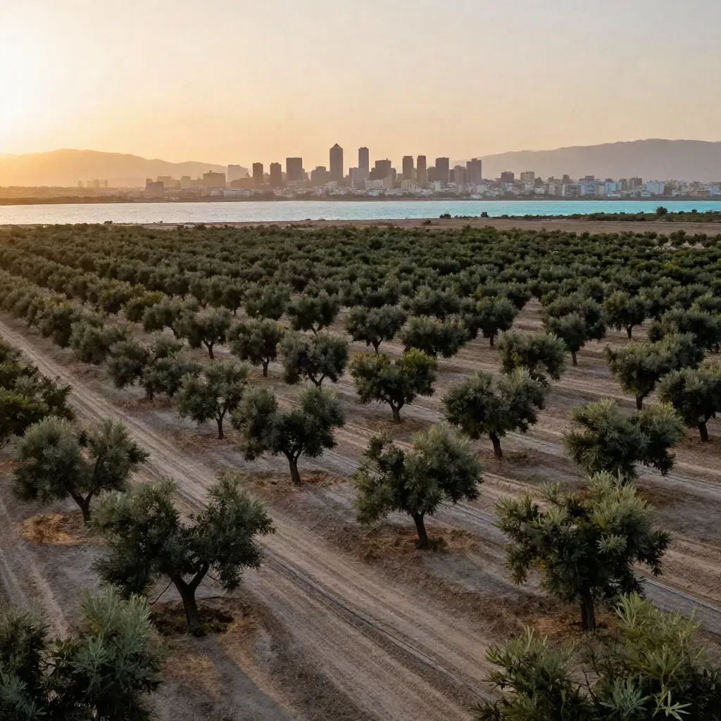Naranjales de Valencia con ciudad lejana, bruma salina y luz de atardecer.