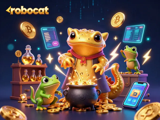 Spin to win with Robocat's vibrant casino scene featuring energetic characters and crypto elements.